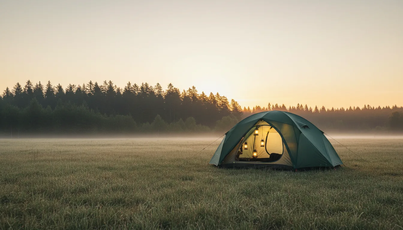 Tienda al amanecer en pradera de montaña