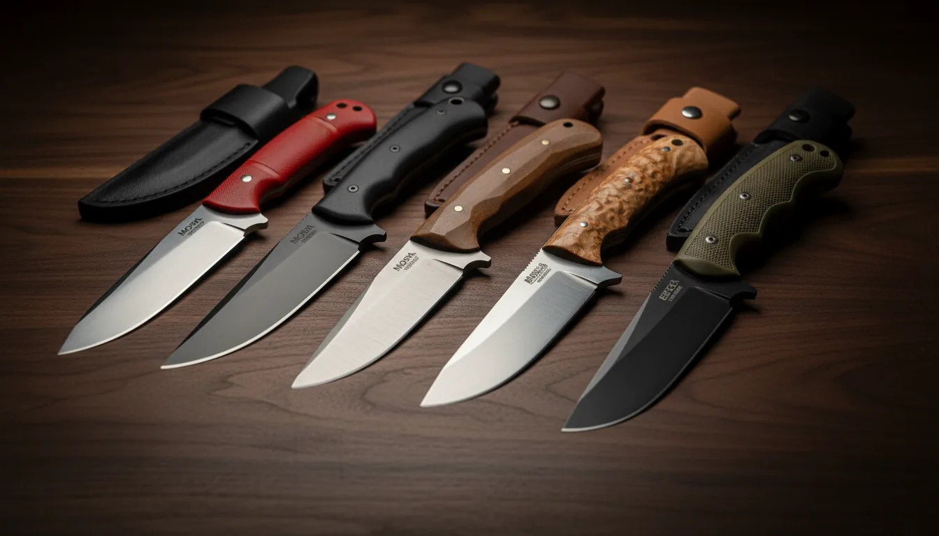 Ocho cuchillos de bushcraft sobre tronco